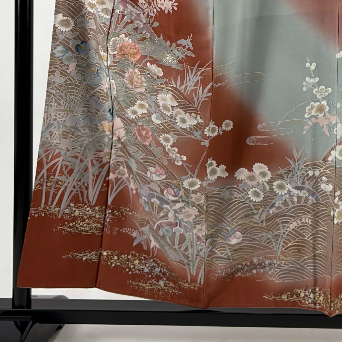 訪問服 身長154.5cm 袖長63cm S 雙層 草花紋紋 波 金銀彩 漸層 紅茶 純蠶絲 優品級