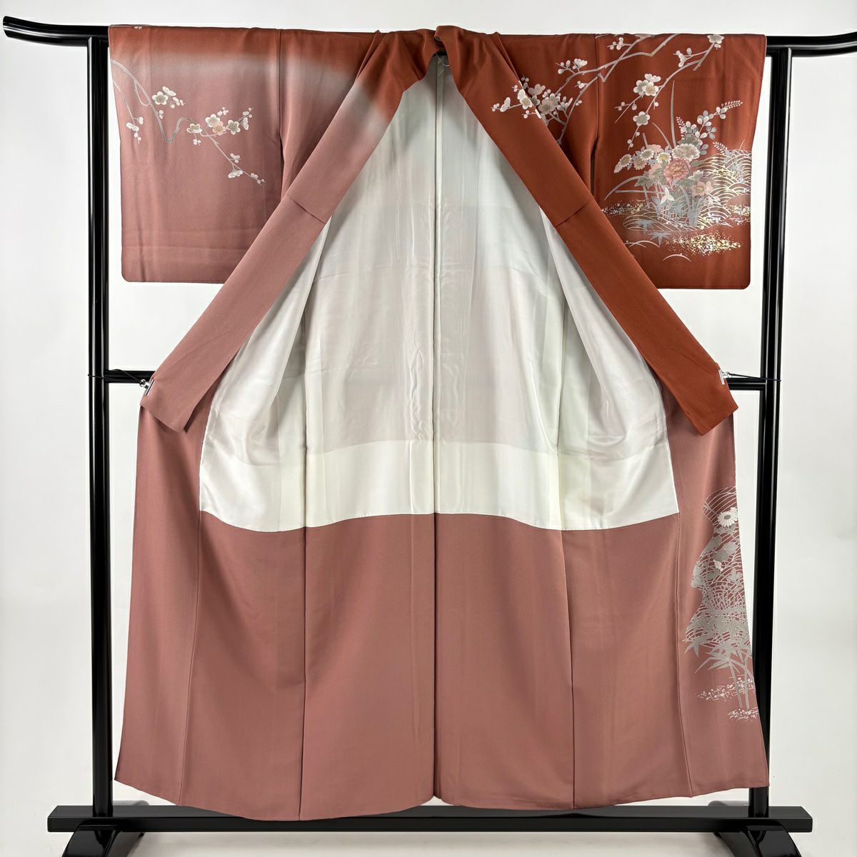 訪問服 身長154.5cm 袖長63cm S 雙層 草花紋紋 波 金銀彩 漸層 紅茶 純蠶絲 優品級