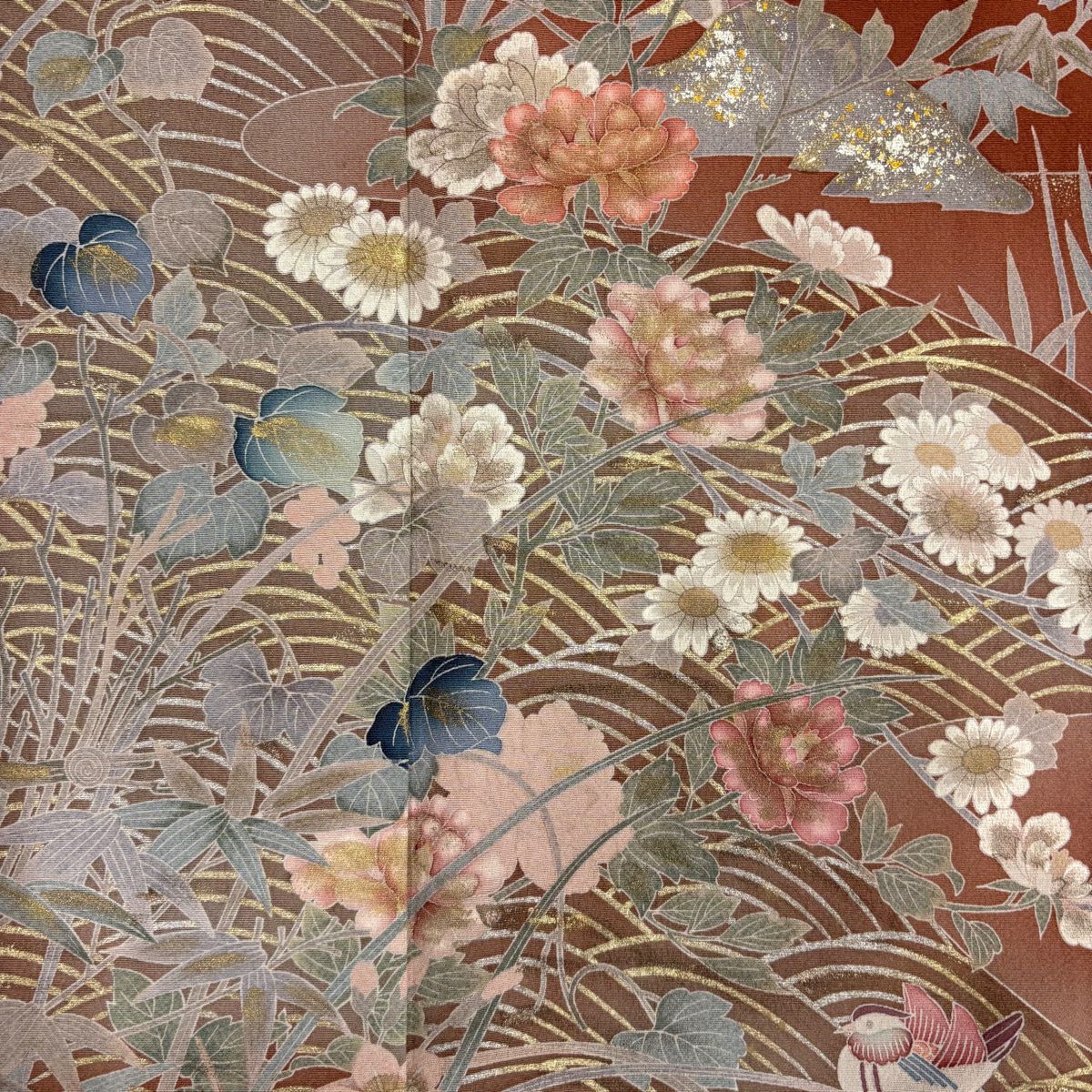 訪問服 身長154.5cm 袖長63cm S 雙層 草花紋紋 波 金銀彩 漸層 紅茶 純蠶絲 優品級