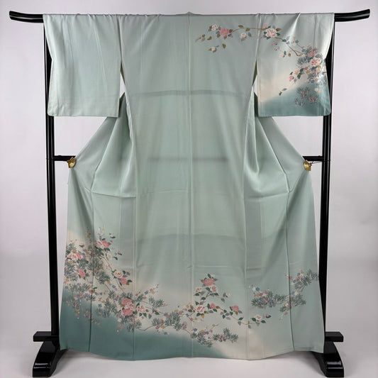 訪問服 身長166cm 袖長68.5cm L 雙層 松樹梅花 枝花 漸層 薄綠 純蠶絲 秀品級