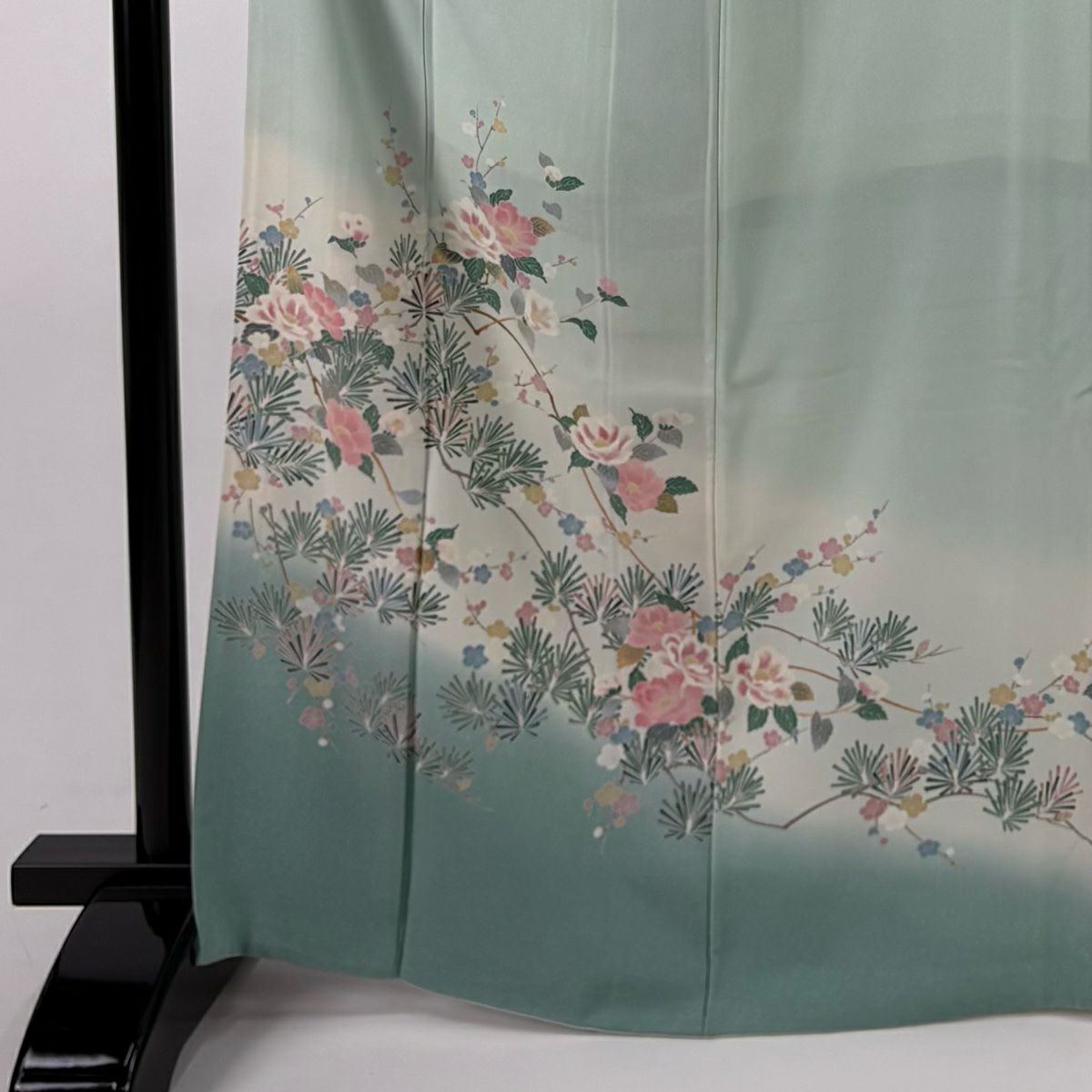 訪問服 身長166cm 袖長68.5cm L 雙層 松樹梅花 枝花 漸層 薄綠 純蠶絲 秀品級