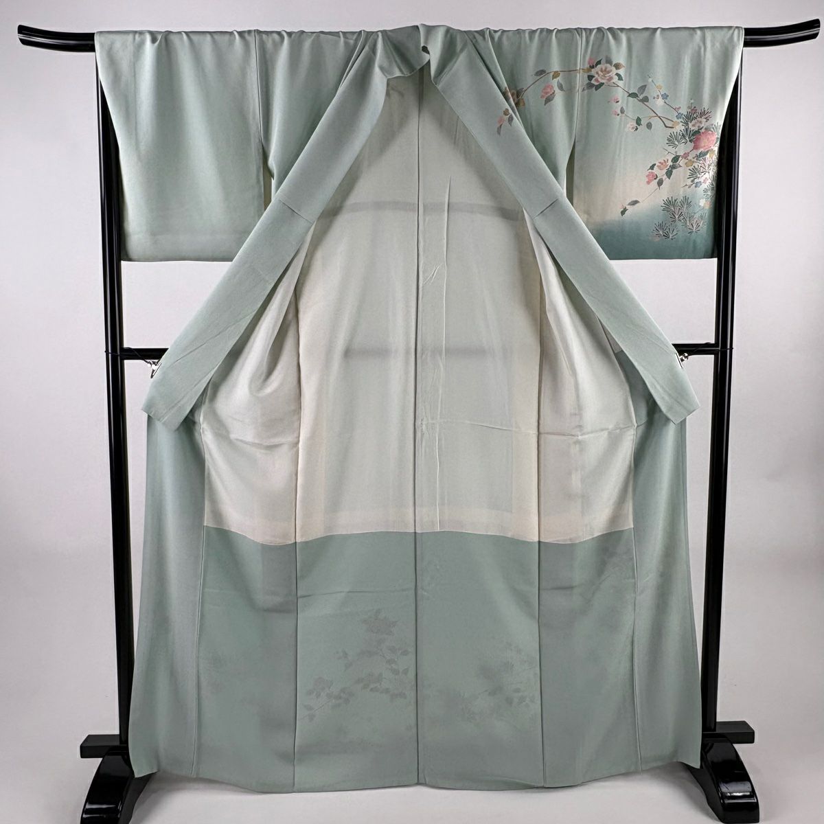 訪問服 身長166cm 袖長68.5cm L 雙層 松樹梅花 枝花 漸層 薄綠 純蠶絲 秀品級