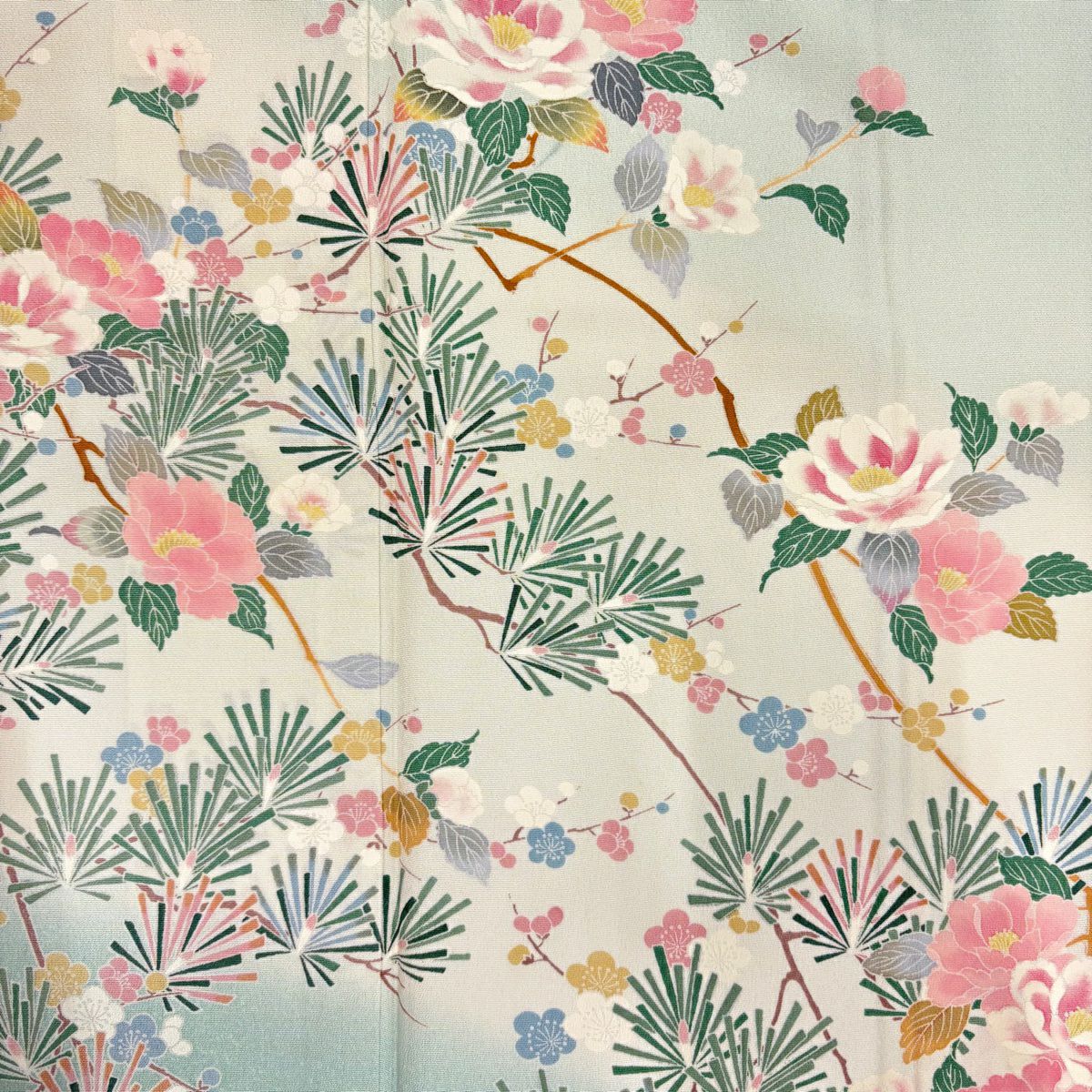 訪問服 身長166cm 袖長68.5cm L 雙層 松樹梅花 枝花 漸層 薄綠 純蠶絲 秀品級