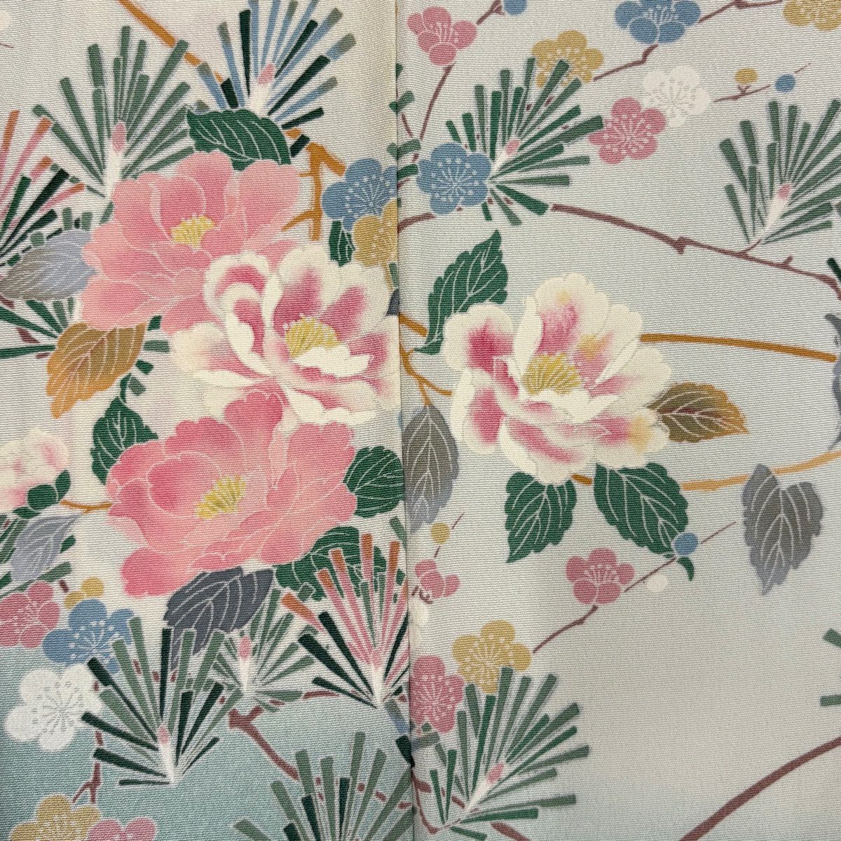 訪問服 身長166cm 袖長68.5cm L 雙層 松樹梅花 枝花 漸層 薄綠 純蠶絲 秀品級