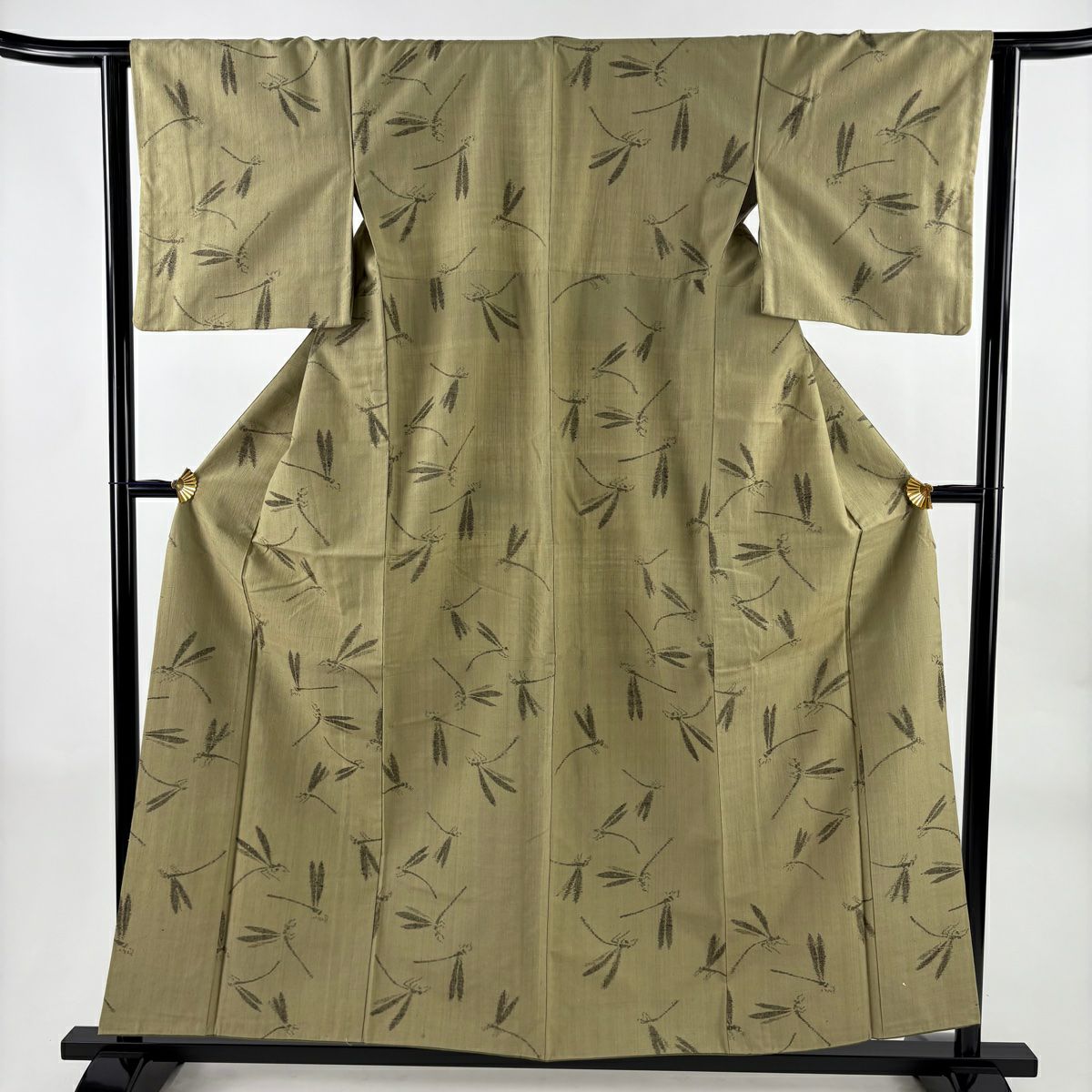 【美品】 紬織 身長156cm 袖長63.5cm S 雙層 七代目清三郎 落款あり 螳螂 灰綠 純蠶絲 秀品級