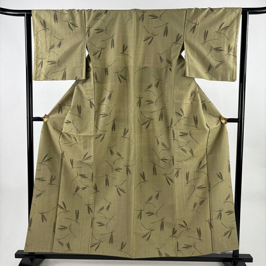 【美品】 紬織 身長156cm 袖長63.5cm S 雙層 七代目清三郎 落款あり 螳螂 灰綠 純蠶絲 秀品級