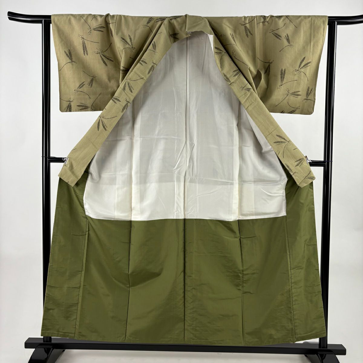【美品】 紬織 身長156cm 袖長63.5cm S 雙層 七代目清三郎 落款あり 螳螂 灰綠 純蠶絲 秀品級
