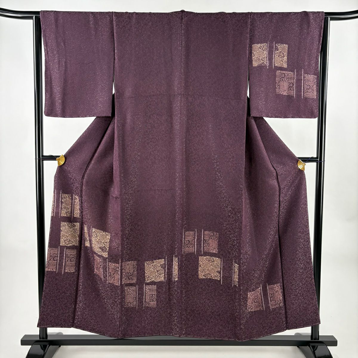 【美品】 付下 身長154.5cm 袖長64cm M 雙層 幾何學 草花紋紋 金銀彩 絞染 深紫 純蠶絲 秀品級