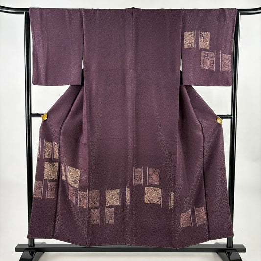 【美品】 付下 身長154.5cm 袖長64cm M 雙層 幾何學 草花紋紋 金銀彩 絞染 深紫 純蠶絲 秀品級