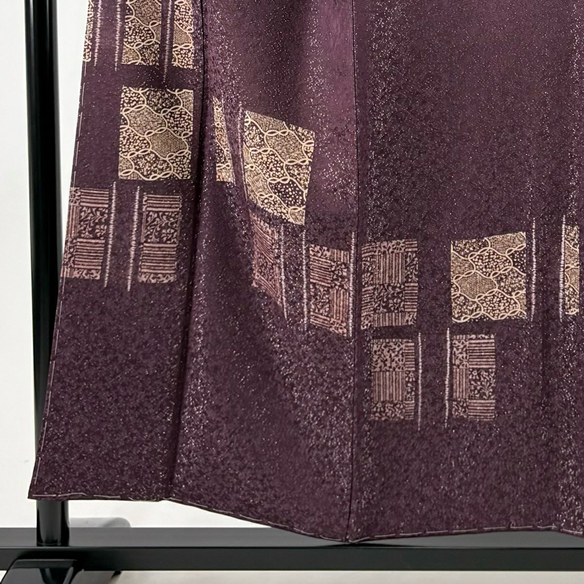 【美品】 付下 身長154.5cm 袖長64cm M 雙層 幾何學 草花紋紋 金銀彩 絞染 深紫 純蠶絲 秀品級