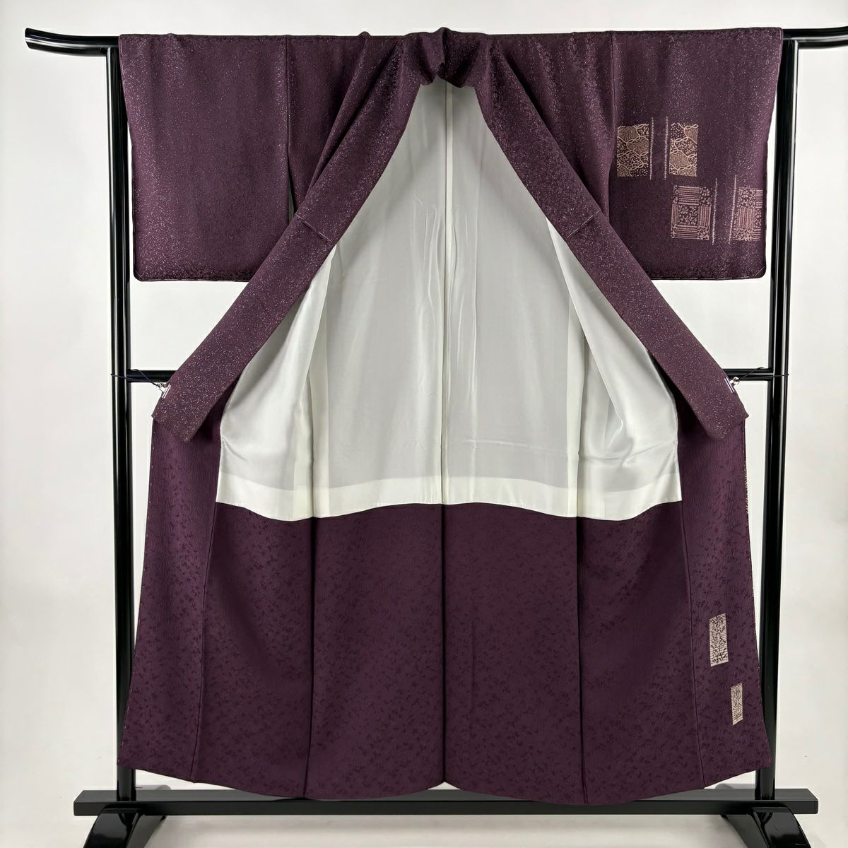 【美品】 付下 身長154.5cm 袖長64cm M 雙層 幾何學 草花紋紋 金銀彩 絞染 深紫 純蠶絲 秀品級