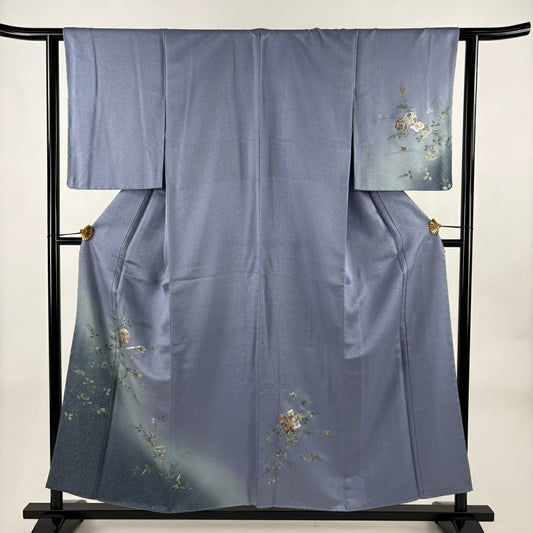 付下 身長156cm 袖長61.5cm S 雙層 和樂器 萩 螺鈿 金銀彩 青灰 純蠶絲 秀品級