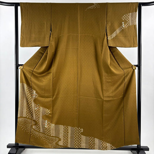 訪問服 身長159cm 袖長62cm S 雙層 扇子 流水 刺繡 金糸 茶 純蠶絲 秀品級