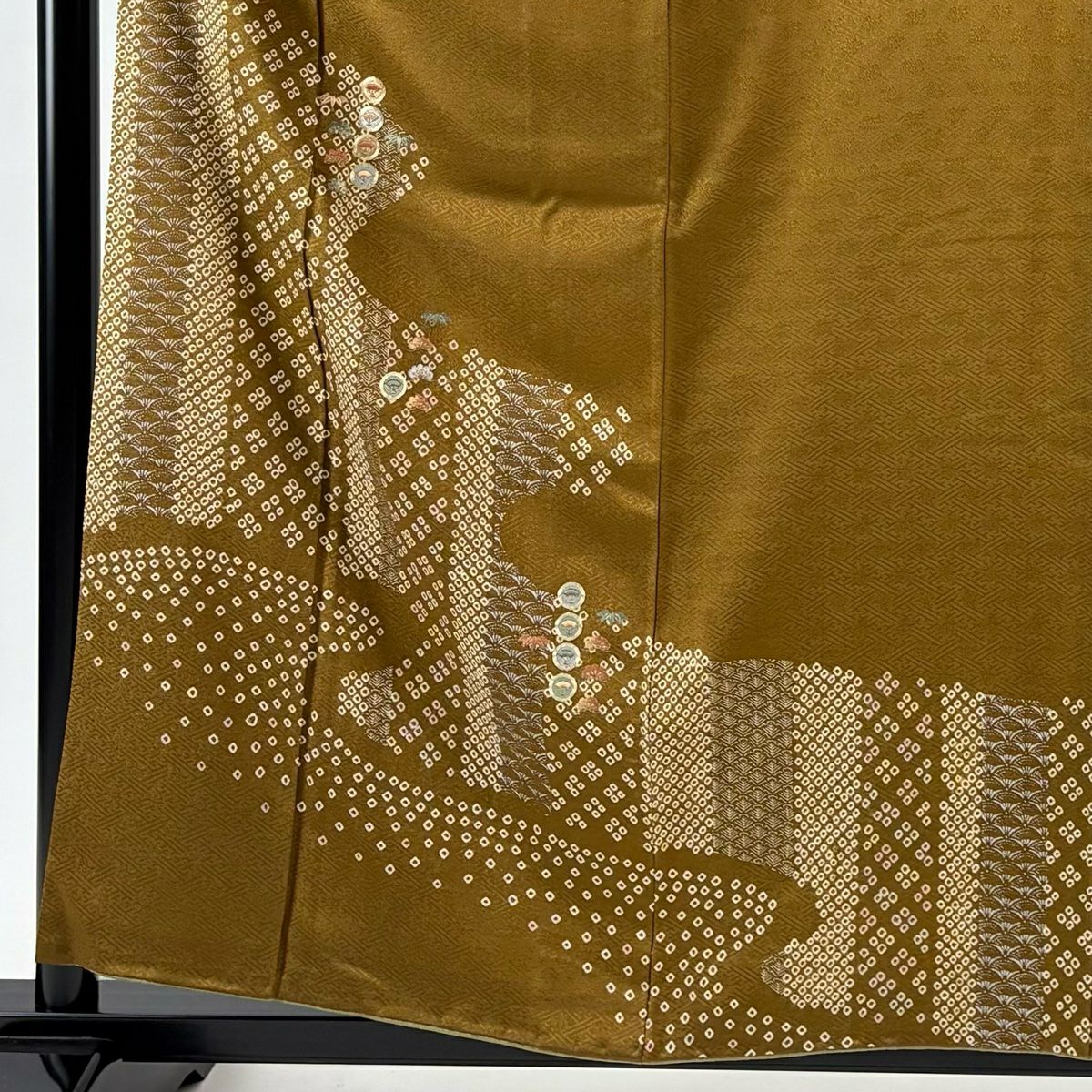 訪問服 身長159cm 袖長62cm S 雙層 扇子 流水 刺繡 金糸 茶 純蠶絲 秀品級