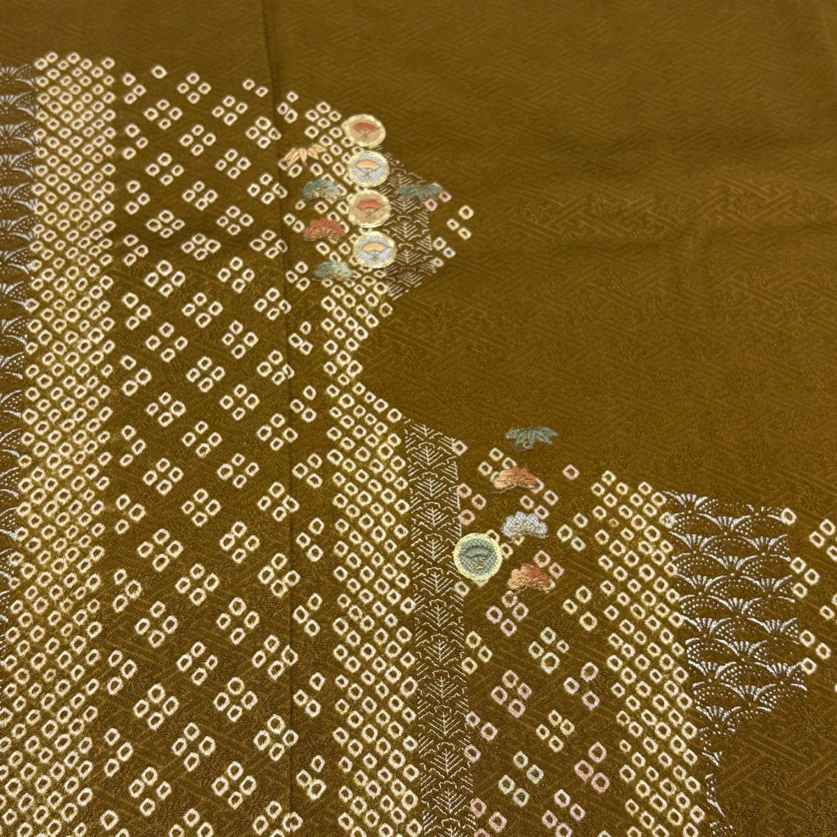 訪問服 身長159cm 袖長62cm S 雙層 扇子 流水 刺繡 金糸 茶 純蠶絲 秀品級