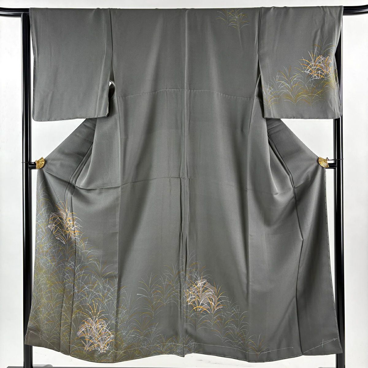 訪問服 身長151cm 袖長65cm M 雙層 葉柄 灰 純蠶絲 秀品級