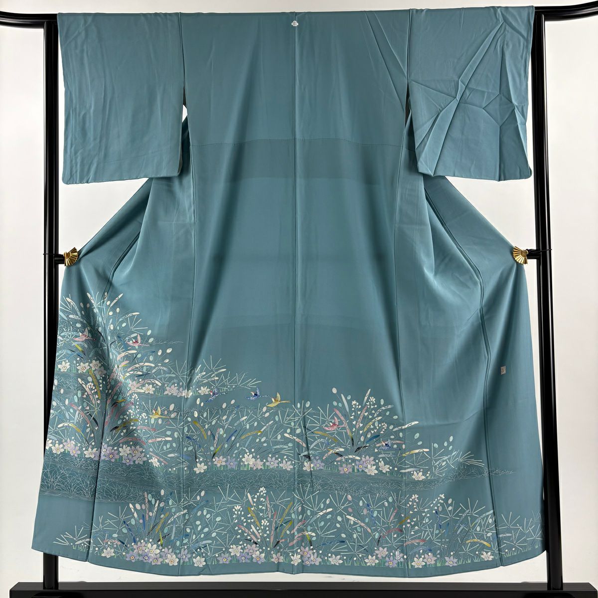 色留袖禮服 身長153cm 袖長64cm M 雙層 落款 鳥 草花紋紋 漸層 水藍 純蠶絲 秀品級 一つ紋