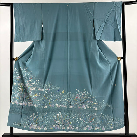 色留袖禮服 身長153cm 袖長64cm M 雙層 落款 鳥 草花紋紋 漸層 水藍 純蠶絲 秀品級 一つ紋