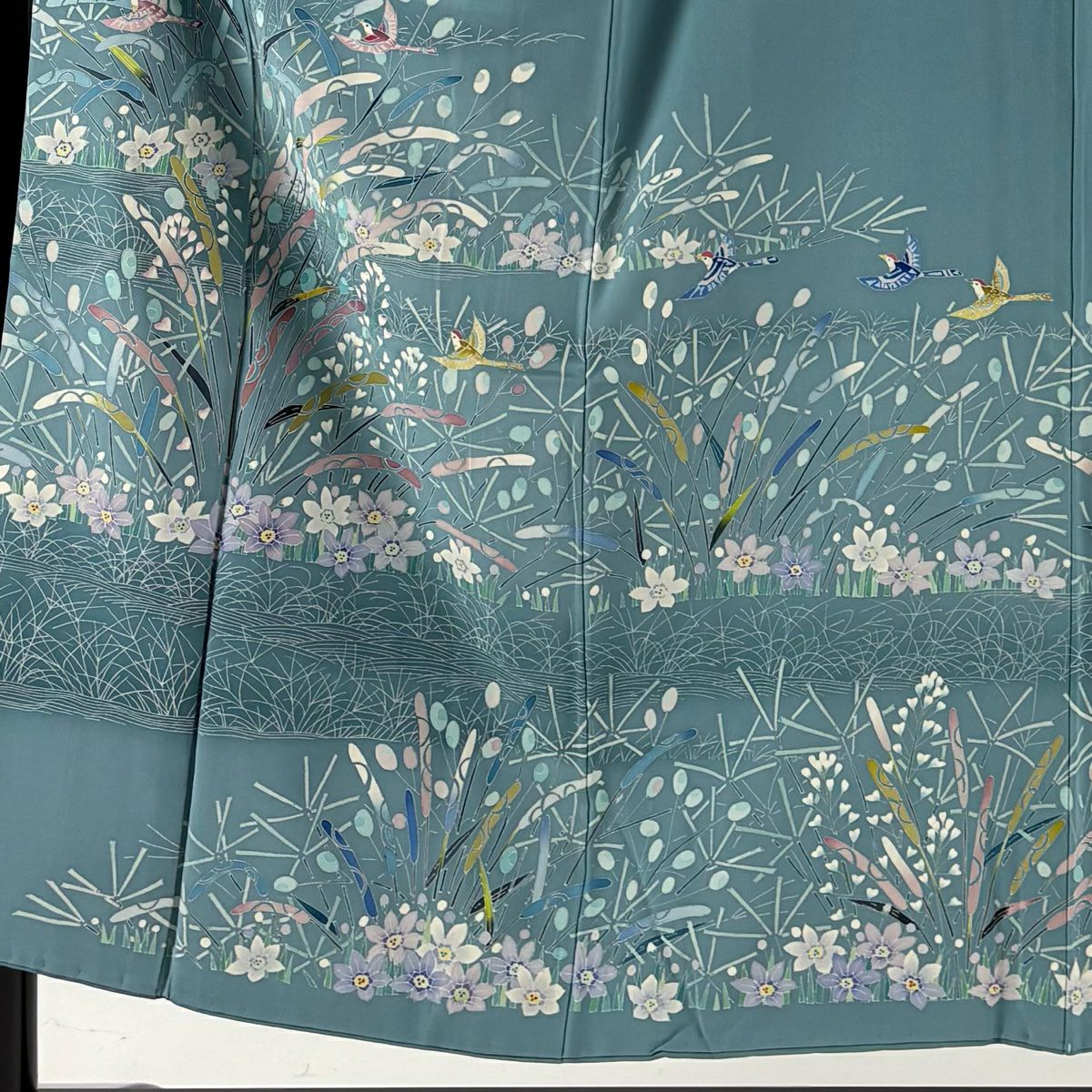 色留袖禮服 身長153cm 袖長64cm M 雙層 落款 鳥 草花紋紋 漸層 水藍 純蠶絲 秀品級 一つ紋