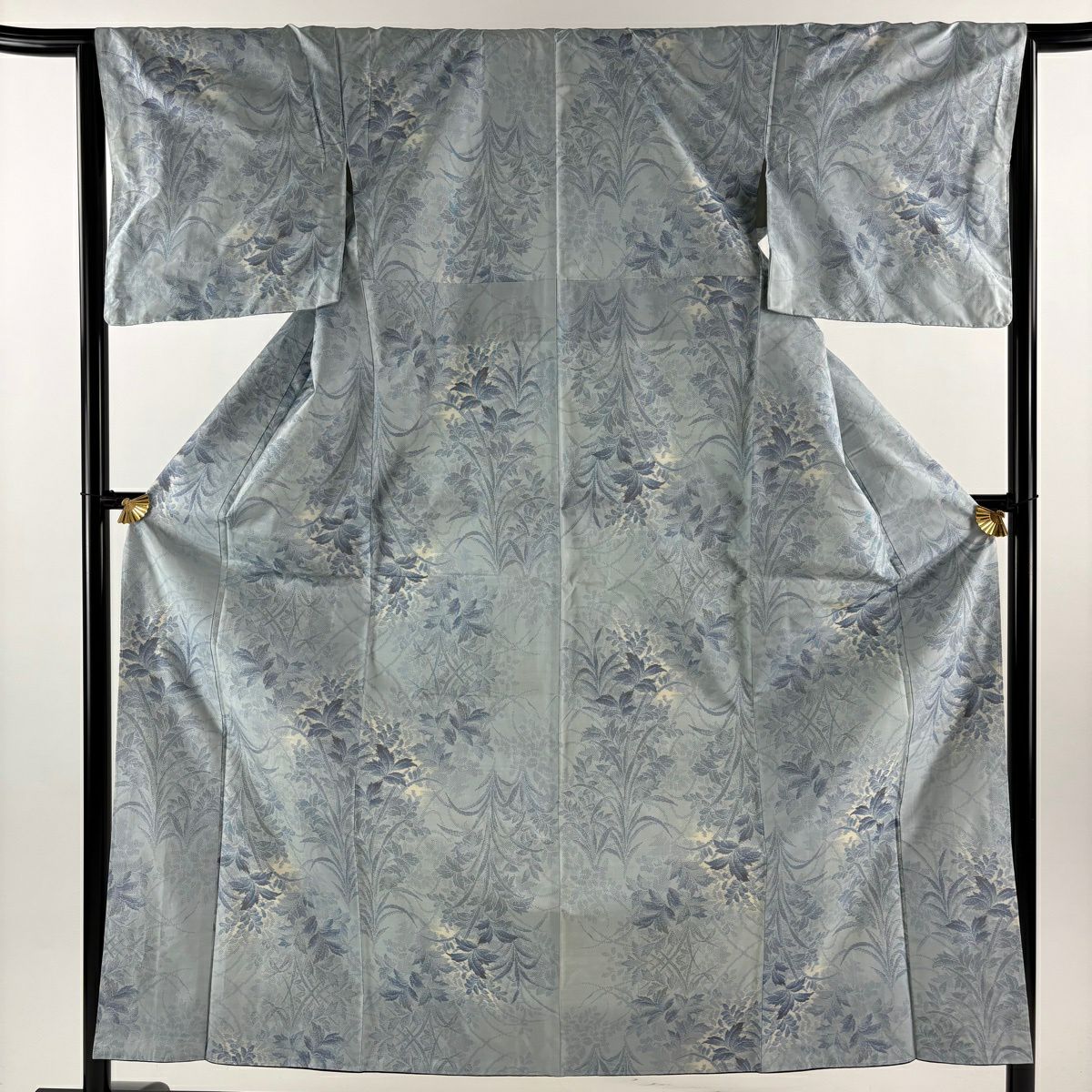紬織 身長155.5cm 袖長65cm M 雙層 草花紋 深藍色 純蠶絲 秀品級