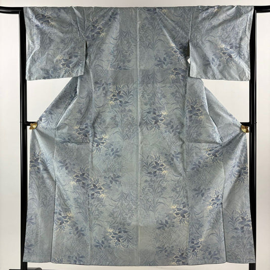 紬織 身長155.5cm 袖長65cm M 雙層 草花紋 深藍色 純蠶絲 秀品級