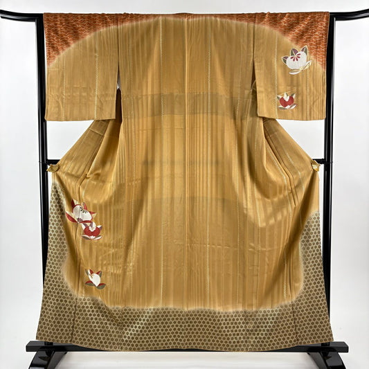 訪問服 身長159cm 袖長64cm M 雙層 橘 籠目 金銀彩 染分 黃土色 純蠶絲 秀品級