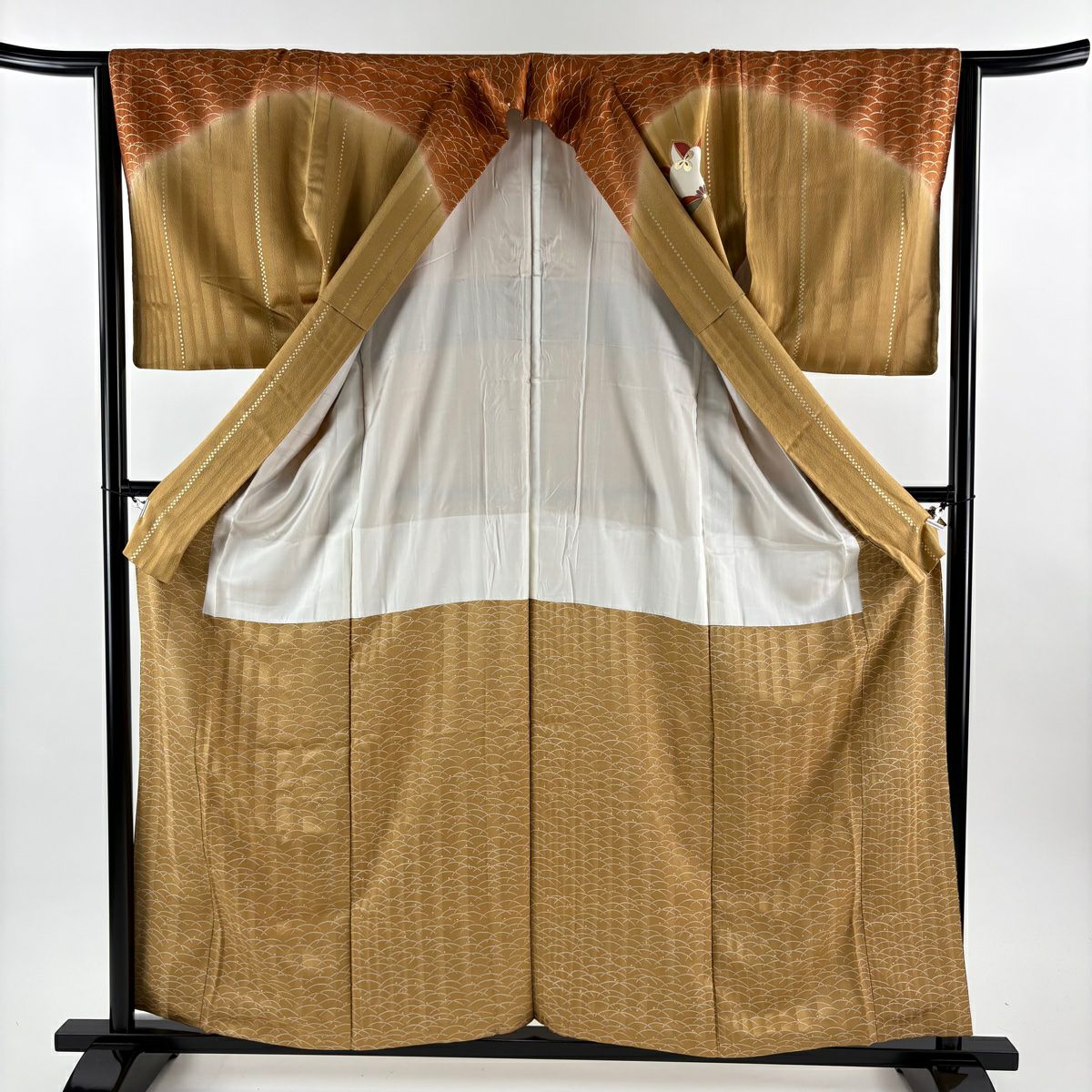 訪問服 身長159cm 袖長64cm M 雙層 橘 籠目 金銀彩 染分 黃土色 純蠶絲 秀品級