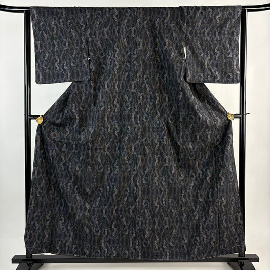 【美品】 紬織 身長159cm 袖長64.5cm M 雙層 幾何圖案 墨 深藍 純蠶絲 優品級