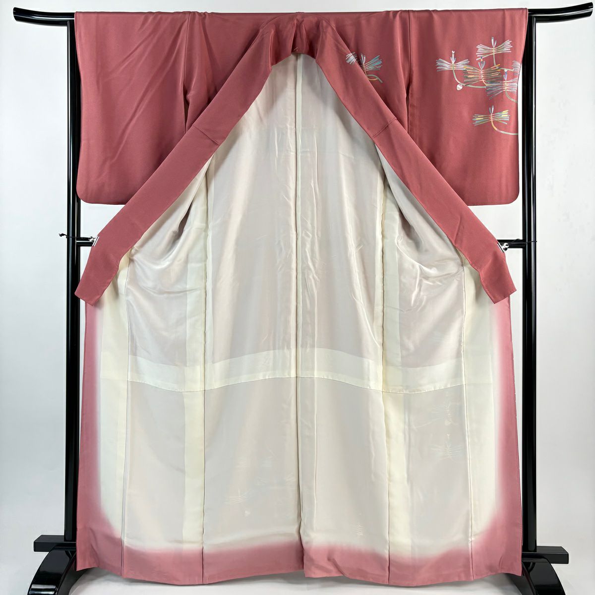 訪問服 身長165.5cm 袖長65cm M 雙層 落款 松樹 金銀彩 粉米色 純蠶絲 秀品級