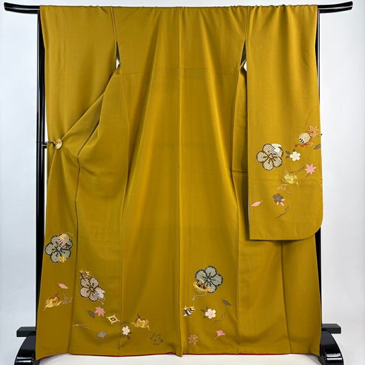【美品】振袖禮服 身長170cm 袖長68cm L 雙層 吹寄寶盡 金絲刺繡 山吹茶 純蠶絲 秀品級