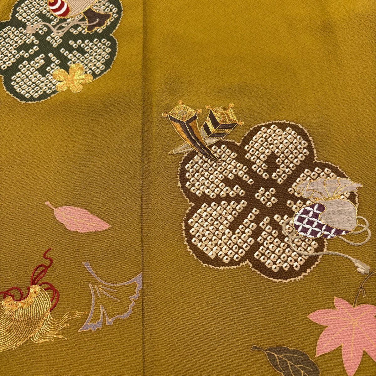 【美品】振袖禮服 身長170cm 袖長68cm L 雙層 吹寄寶盡 金絲刺繡 山吹茶 純蠶絲 秀品級