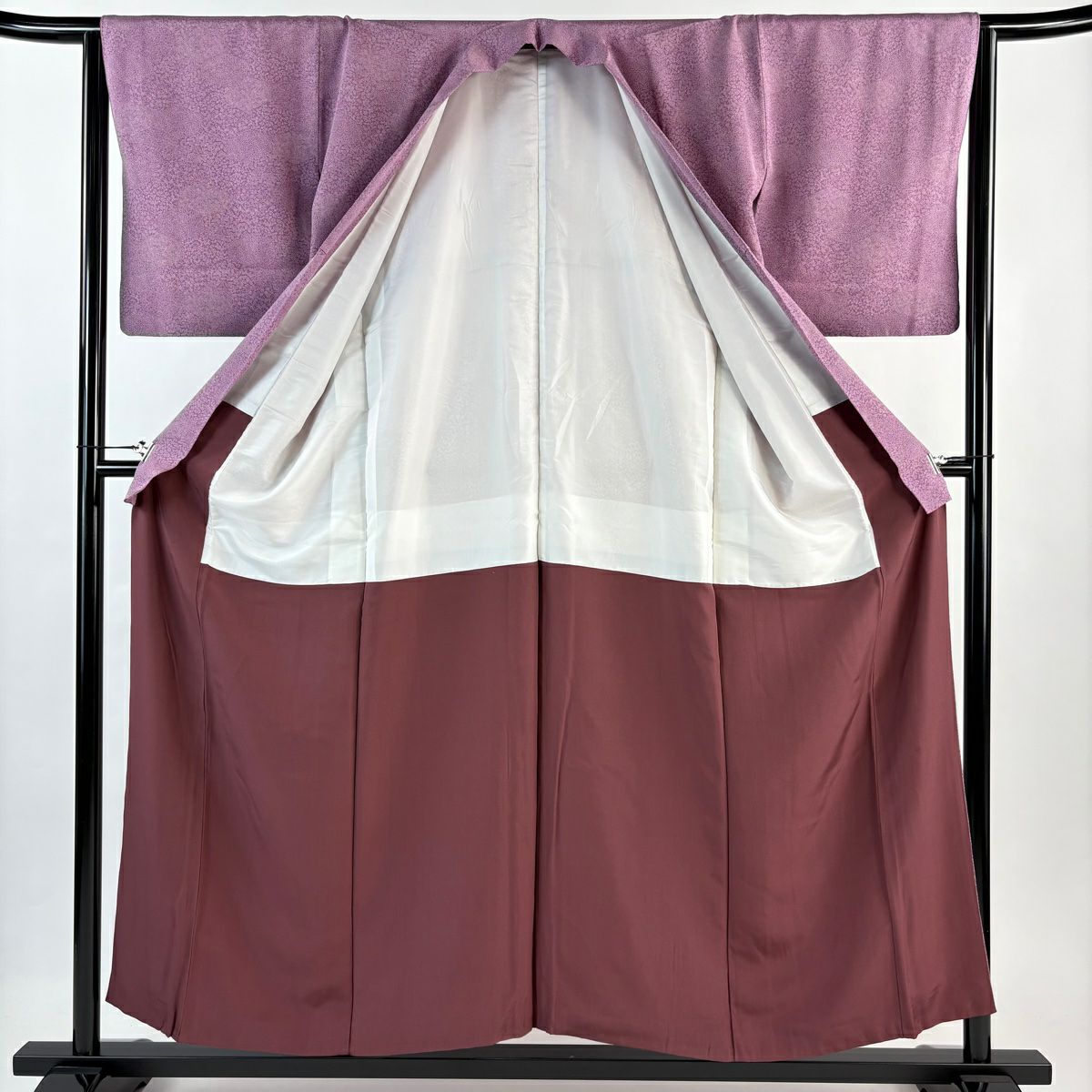 【美品】 江戶小紋 身長156.5cm 袖長64cm M 雙層 巴齊領 寄花紋 扇子子 紫 純蠶絲 優品級