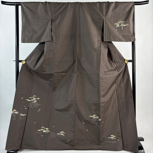 【美品】 付下 身長172cm 袖長65cm M 單層 紬織織 鈕襟 笠松樹 霞刺繡 茶綠 純蠶絲 秀品級