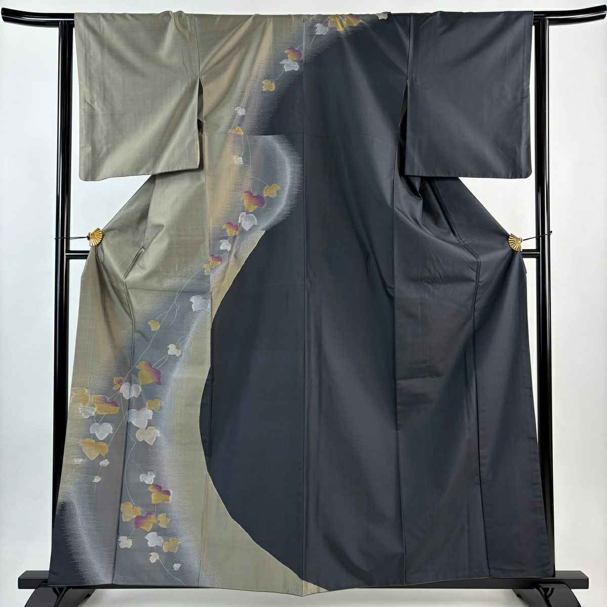 【美品】訪問服 身長161cm 袖長64cm M 雙層 紬織織 蔦 灰綠 純蠶絲 秀品級
