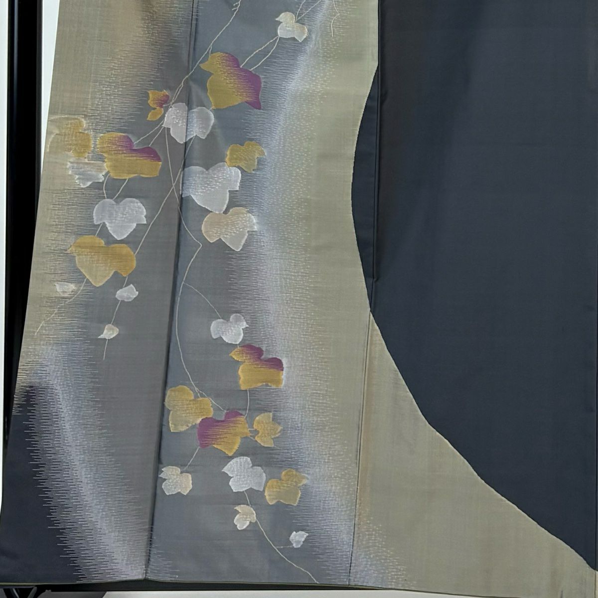 【美品】訪問服 身長161cm 袖長64cm M 雙層 紬織織 蔦 灰綠 純蠶絲 秀品級