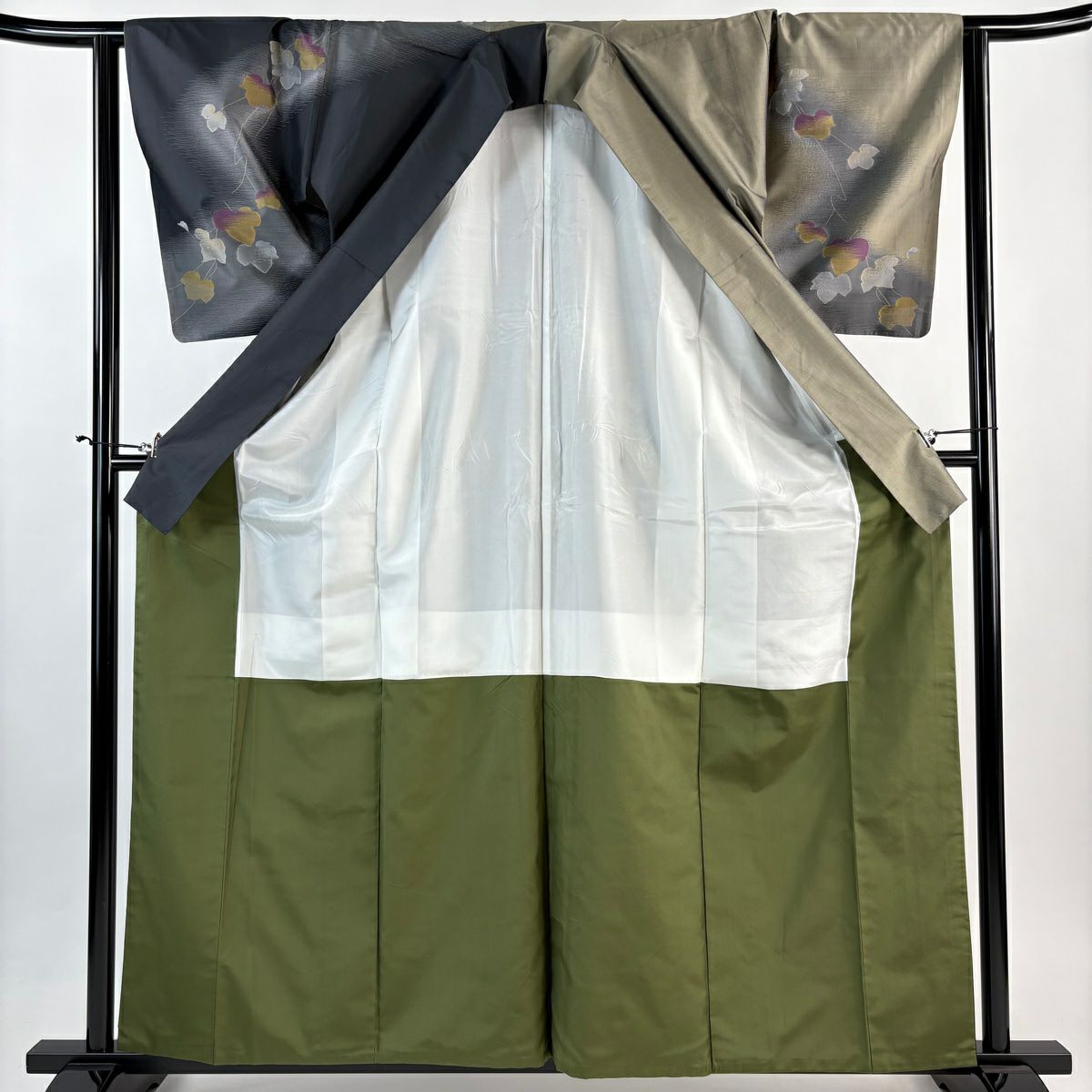 【美品】訪問服 身長161cm 袖長64cm M 雙層 紬織織 蔦 灰綠 純蠶絲 秀品級