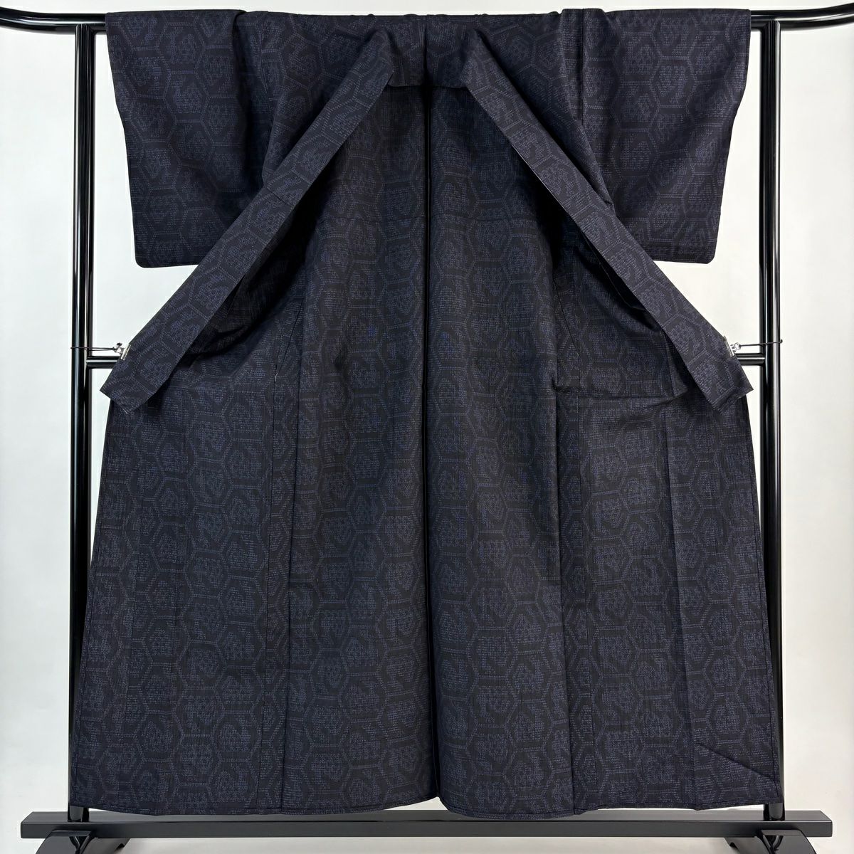 【美品】 紬織 身長157.5cm 袖長62.5cm S 單層 證書附帶 有栖川文 龜甲絣 深藍 純蠶絲 秀品級