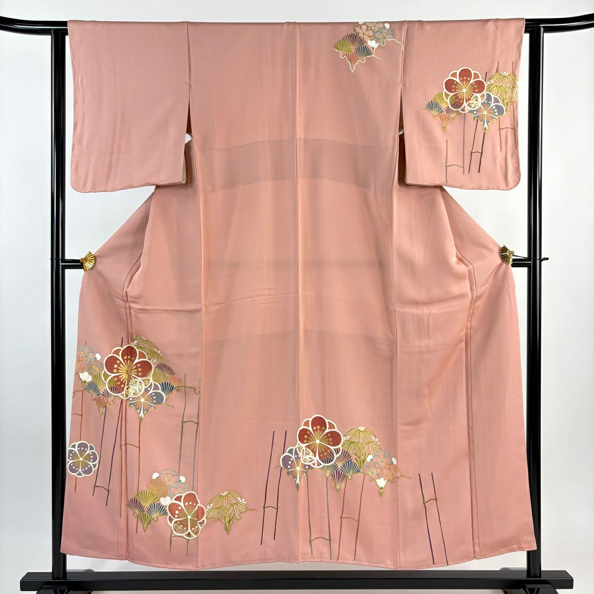 訪問服 身長154cm 袖長62cm S 雙層 雪輪 松樹竹子梅花 金絲 金銀彩 粉紅 純蠶絲 秀品級