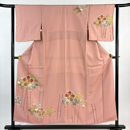 訪問服 身長154cm 袖長62cm S 雙層 雪輪 松樹竹子梅花 金絲 金銀彩 粉紅 純蠶絲 秀品級