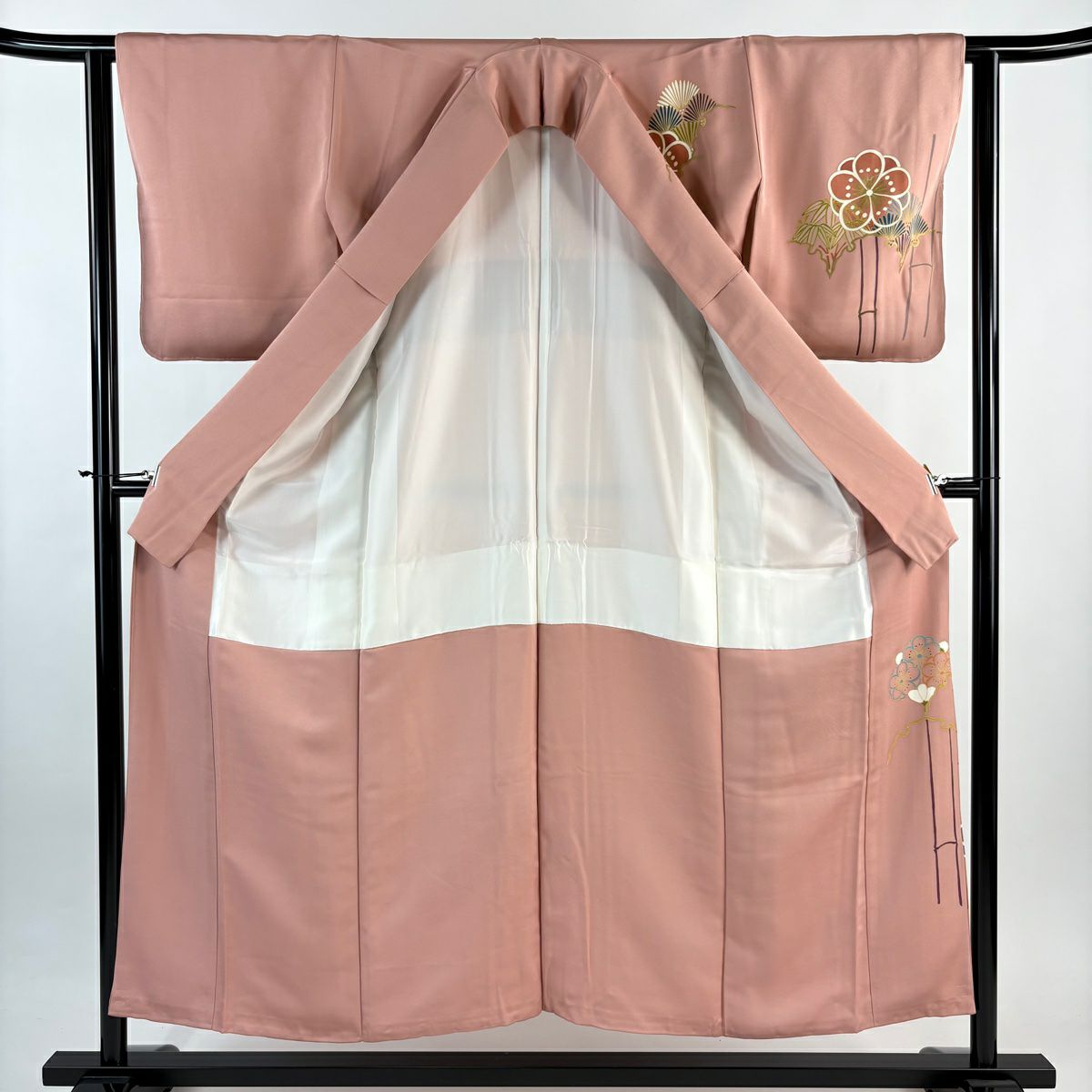 訪問服 身長154cm 袖長62cm S 雙層 雪輪 松樹竹子梅花 金絲 金銀彩 粉紅 純蠶絲 秀品級