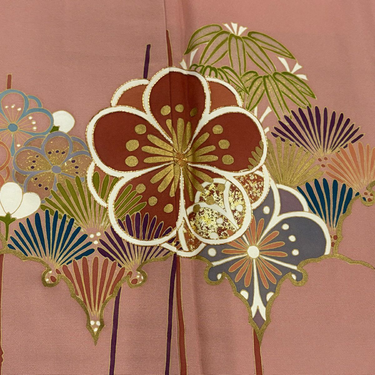 訪問服 身長154cm 袖長62cm S 雙層 雪輪 松樹竹子梅花 金絲 金銀彩 粉紅 純蠶絲 秀品級