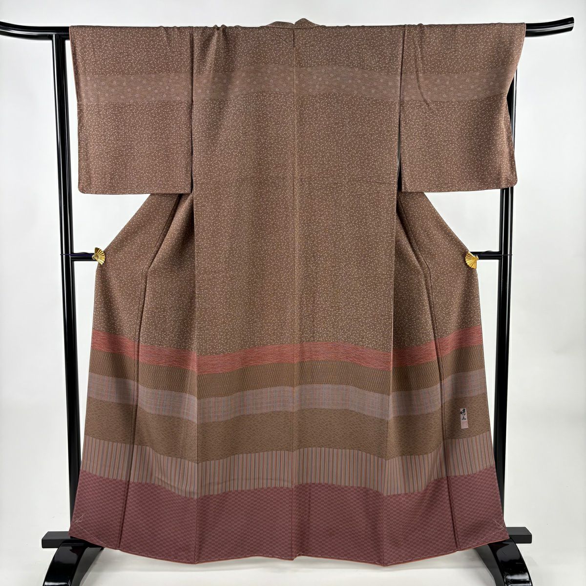 【美品】 付下 身長161.5cm 袖長66.5cm M 雙層 落款あり 小花 幾何圖案 焦茶 純蠶絲 秀品級