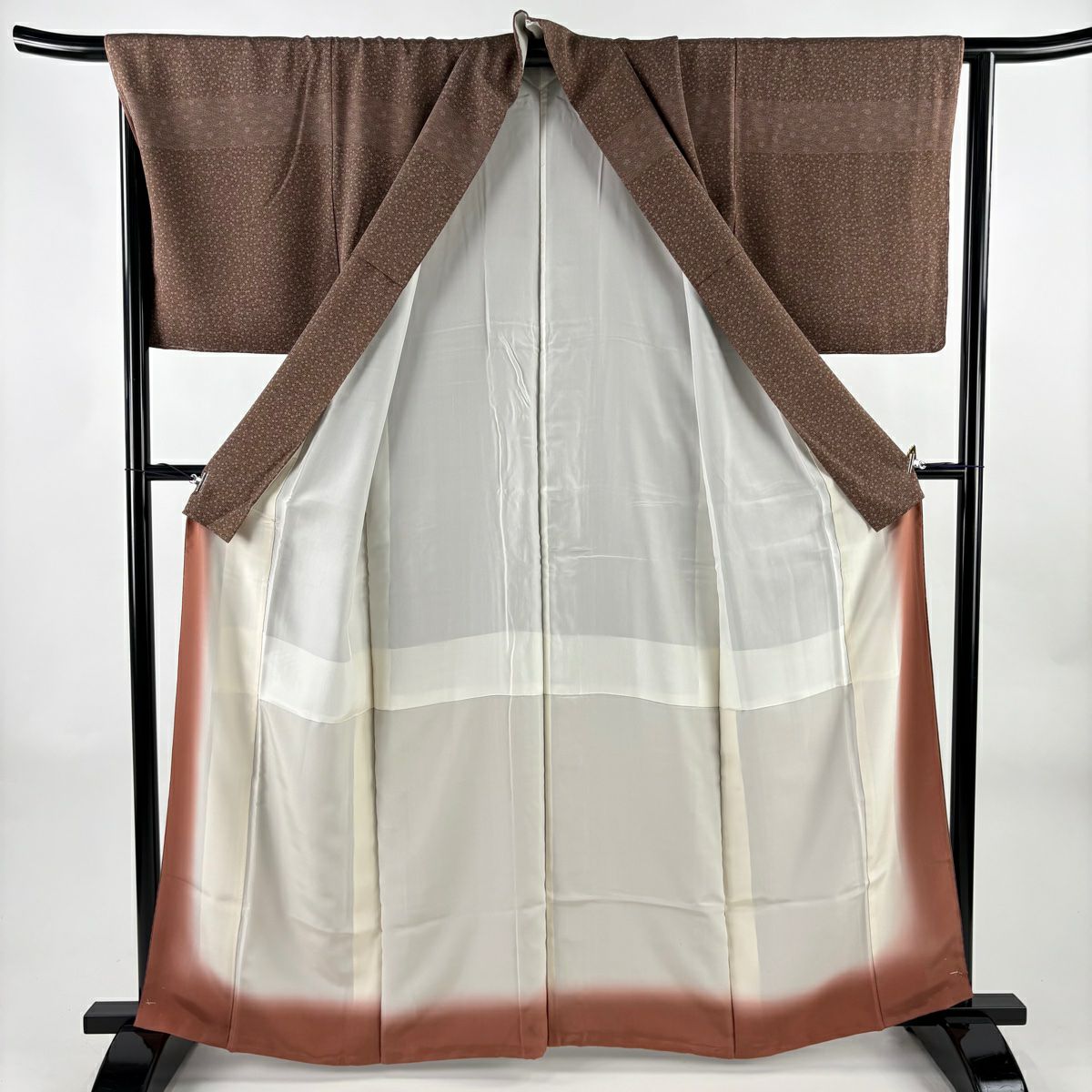 【美品】 付下 身長161.5cm 袖長66.5cm M 雙層 落款あり 小花 幾何圖案 焦茶 純蠶絲 秀品級