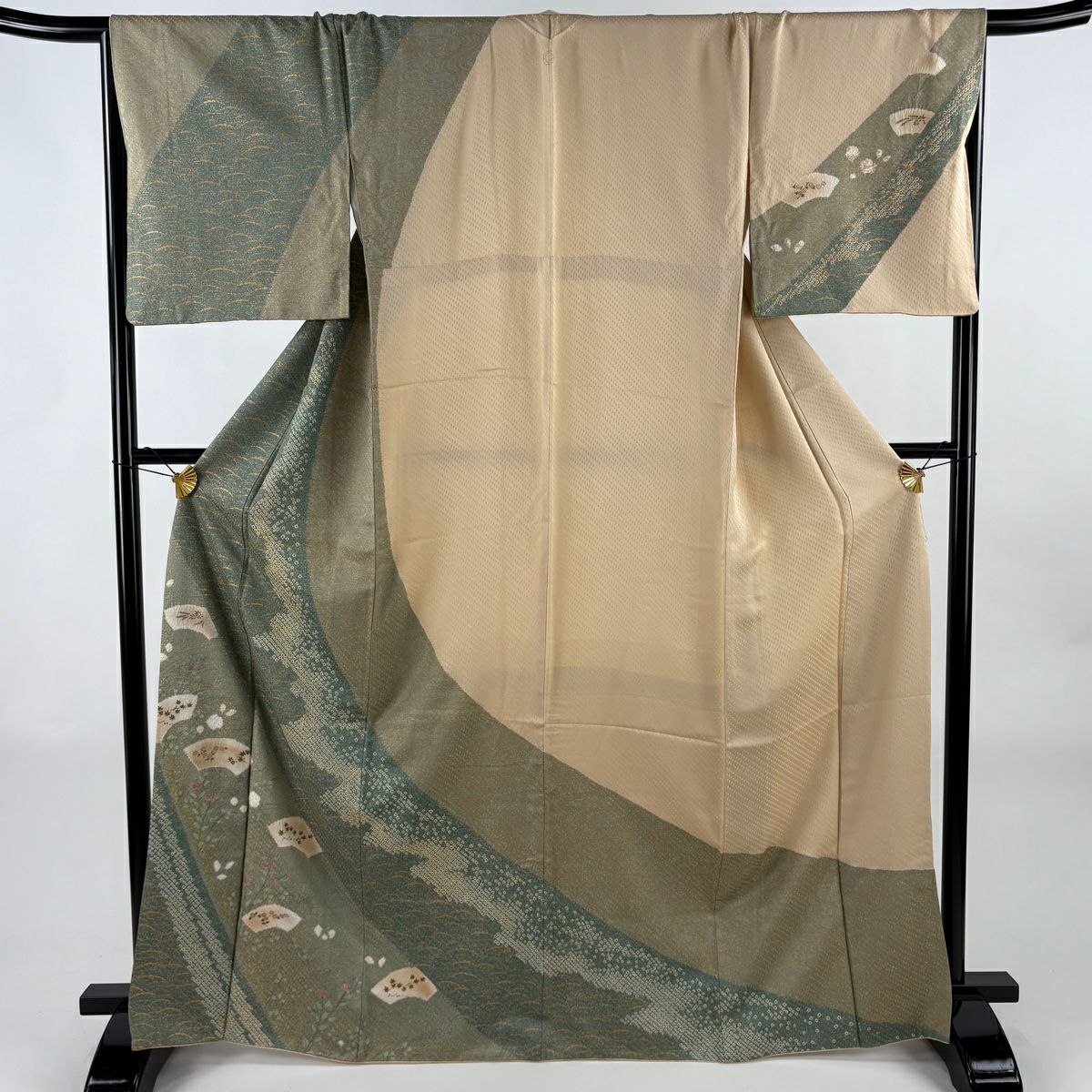訪問服 身長167.5cm 袖長67.5cm L 雙層 扇子面 草花紋紋 金銀彩 絞染 艾草綠 純蠶絲 秀品級 一つ紋