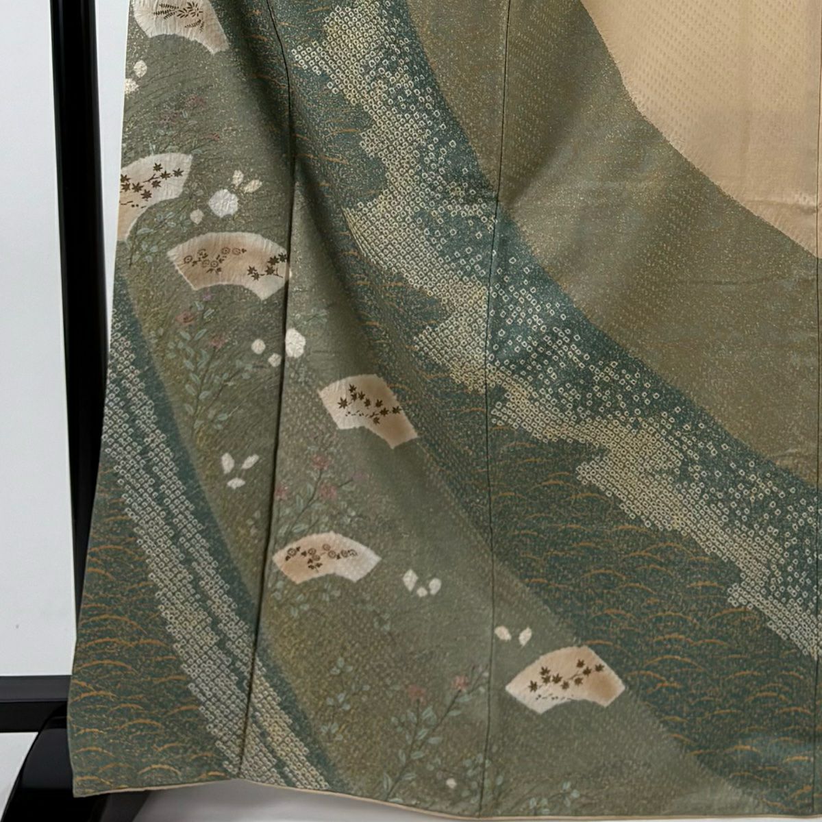 訪問服 身長167.5cm 袖長67.5cm L 雙層 扇子面 草花紋紋 金銀彩 絞染 艾草綠 純蠶絲 秀品級 一つ紋