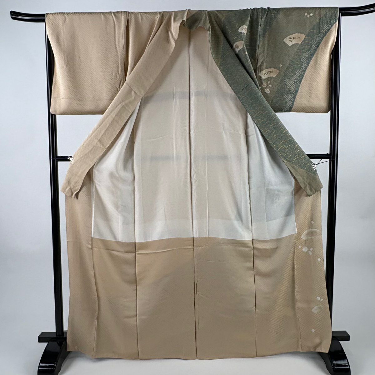 訪問服 身長167.5cm 袖長67.5cm L 雙層 扇子面 草花紋紋 金銀彩 絞染 艾草綠 純蠶絲 秀品級 一つ紋