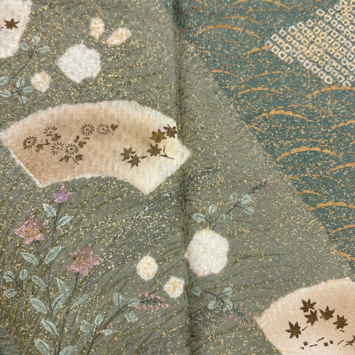 訪問服 身長167.5cm 袖長67.5cm L 雙層 扇子面 草花紋紋 金銀彩 絞染 艾草綠 純蠶絲 秀品級 一つ紋