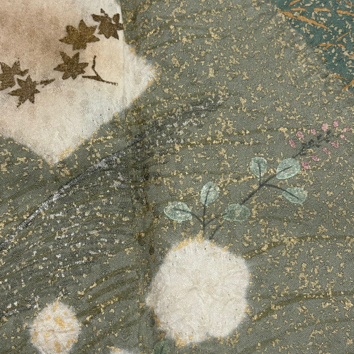 訪問服 身長167.5cm 袖長67.5cm L 雙層 扇子面 草花紋紋 金銀彩 絞染 艾草綠 純蠶絲 秀品級 一つ紋