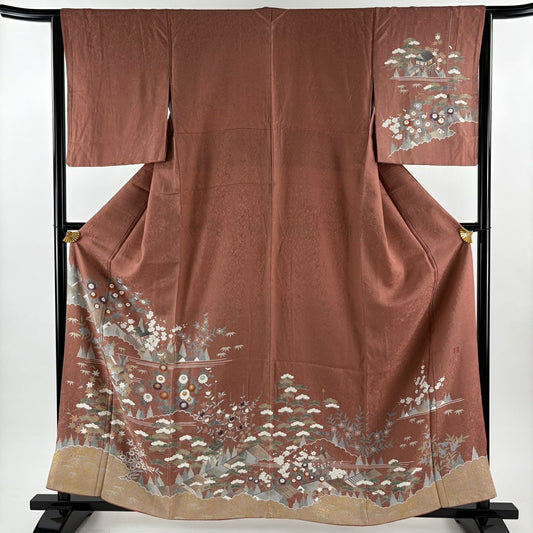 付下 身長161cm 袖長63cm S 雙層 浅井青仁 落款あり 建物 草花紋紋 金銀彩 小豆 純蠶絲 秀品級 一つ紋