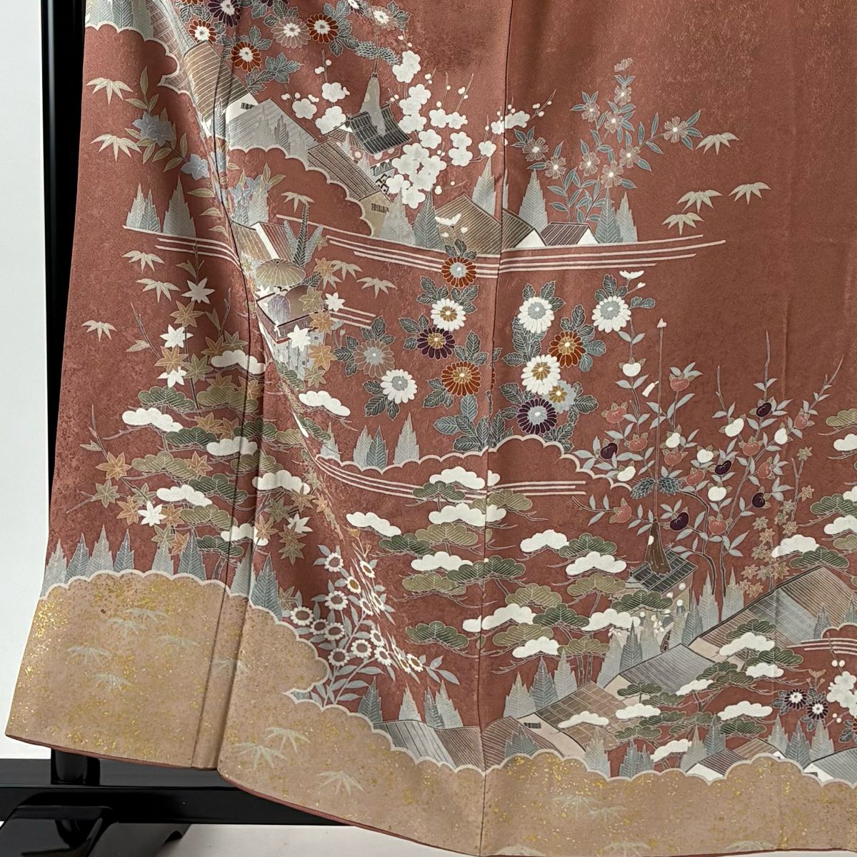 付下 身長161cm 袖長63cm S 雙層 浅井青仁 落款あり 建物 草花紋紋 金銀彩 小豆 純蠶絲 秀品級 一つ紋